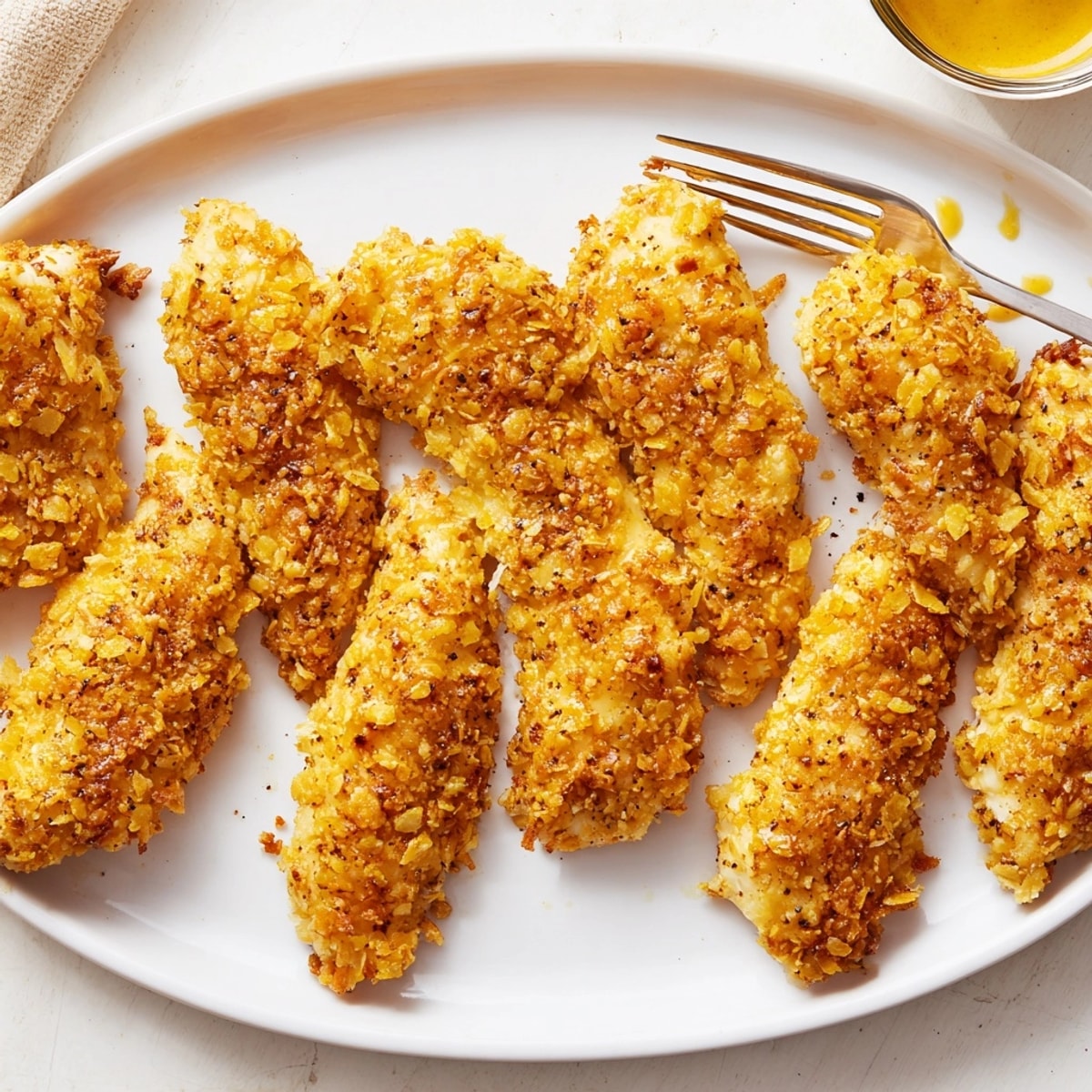 Crispy Baked Chicken Tenders arranged on a tray, golden and crunchy, ready for dipping.