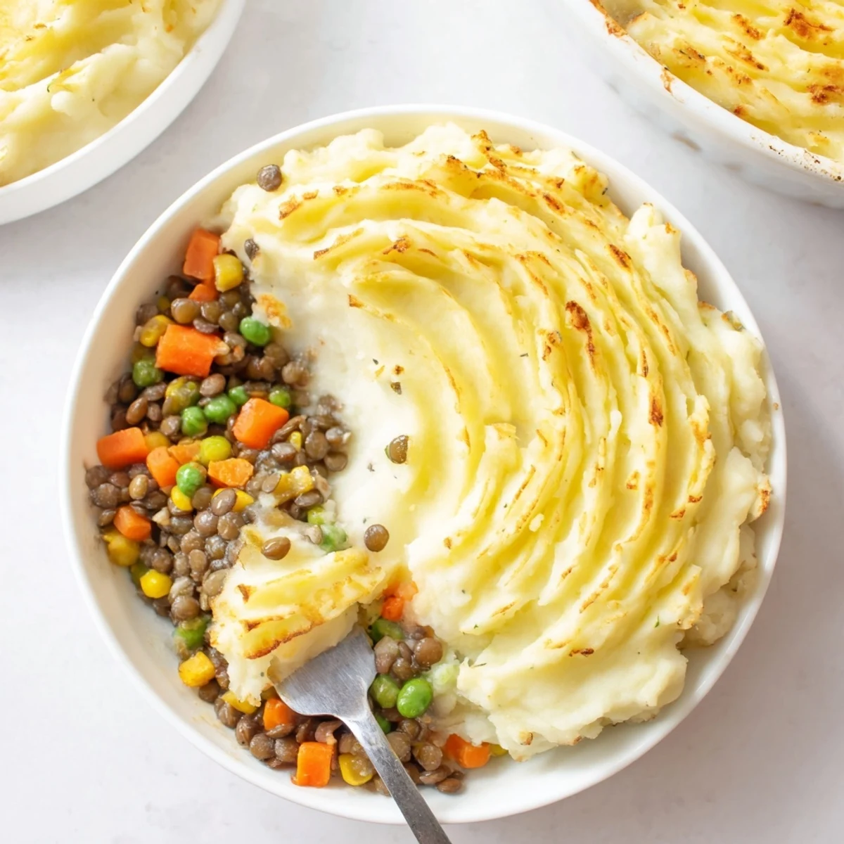 Hearty Lentil Shepherd's Pie with golden mashed potatoes, a flavorful vegetarian comfort food.