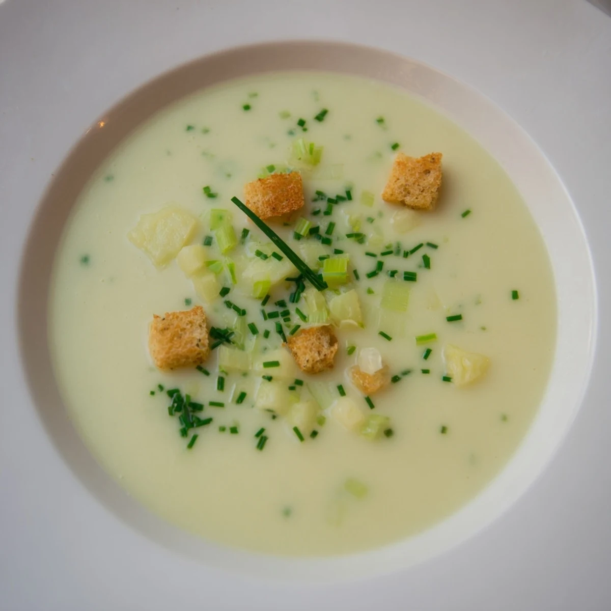 Steaming bowl of Quick & Simple Potato and Leek Soup ready to warm you up on a chilly evening.