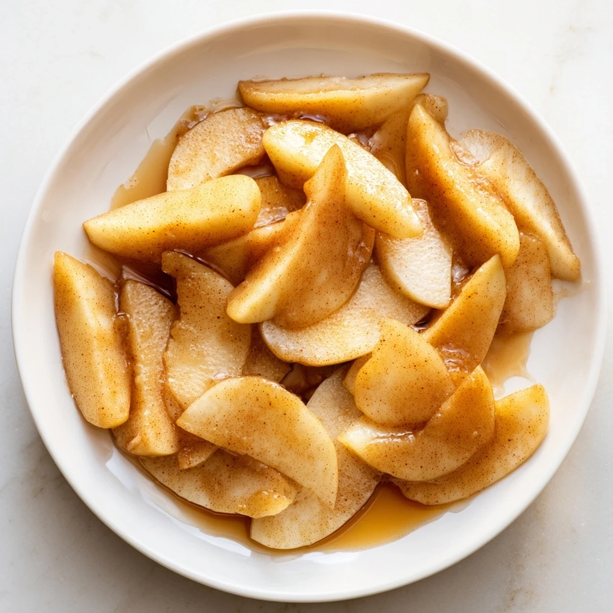 Golden, baked apple slices glistening with brown sugar and cinnamon, a classic comfort dessert.