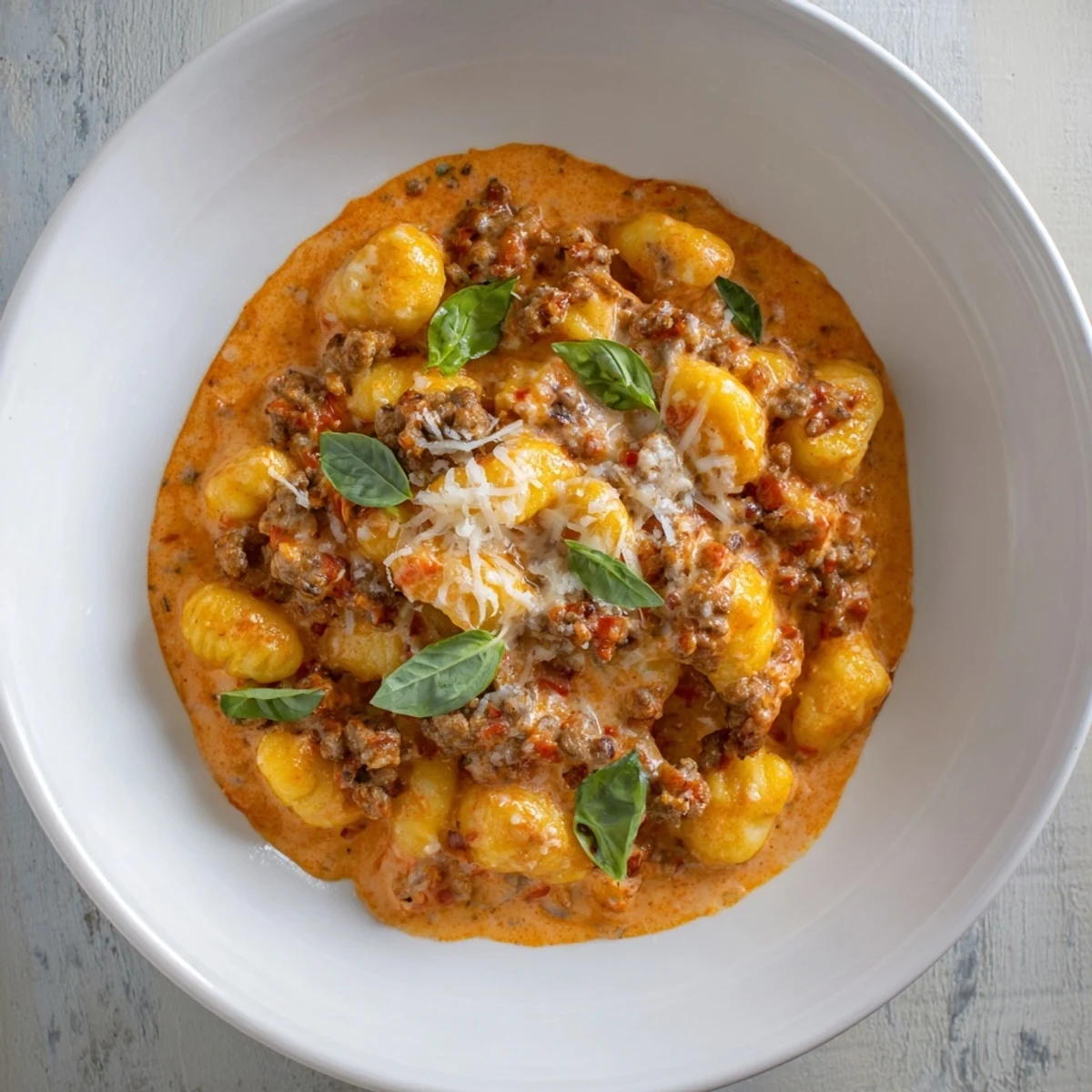 Creamy Tomato and Sausage Gnocchi: a warm bowl of pasta with rich, bubbly tomato sauce and Italian sausage.