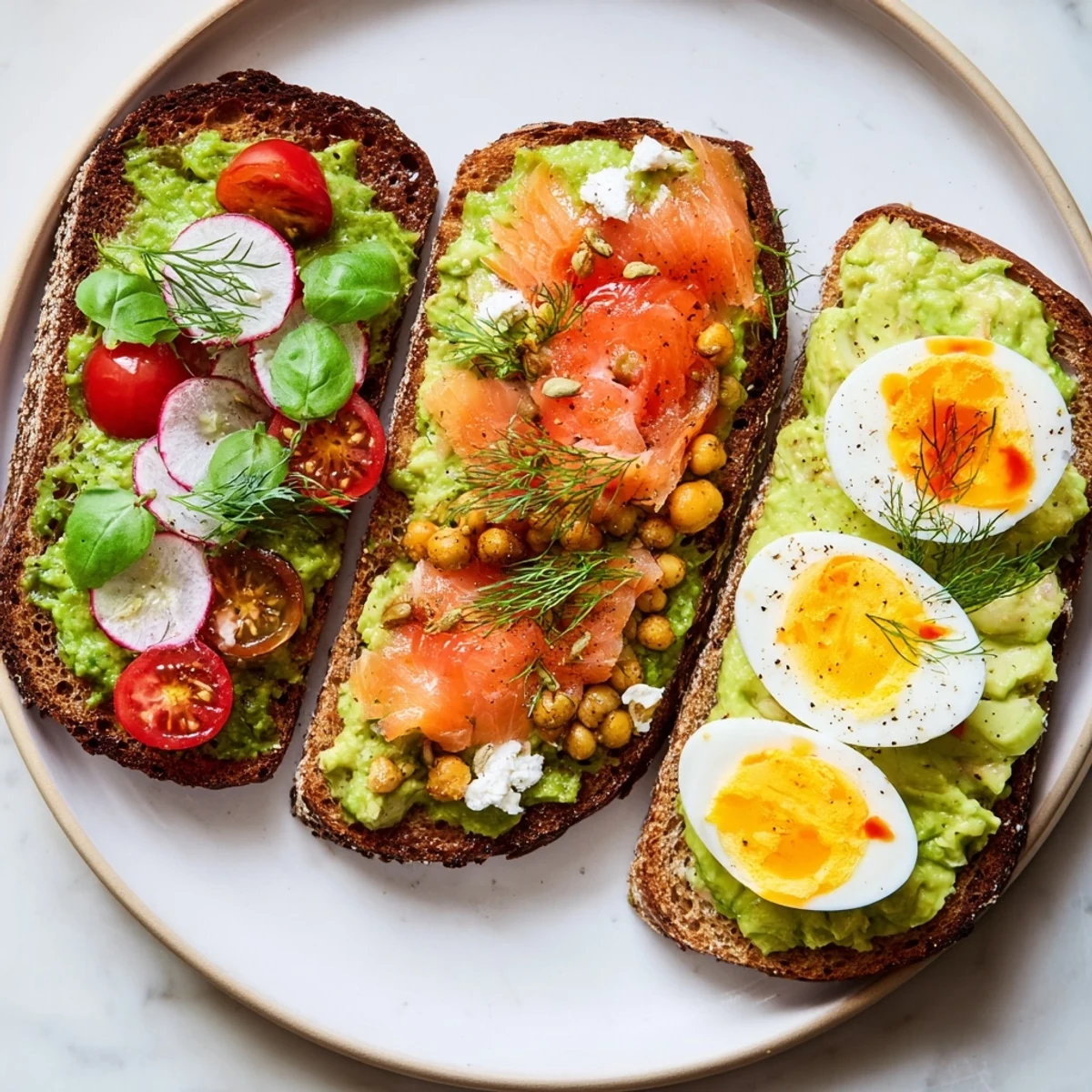 Creamy avocado toast four ways, featuring colorful toppings on toasted sourdough bread, ready to eat.