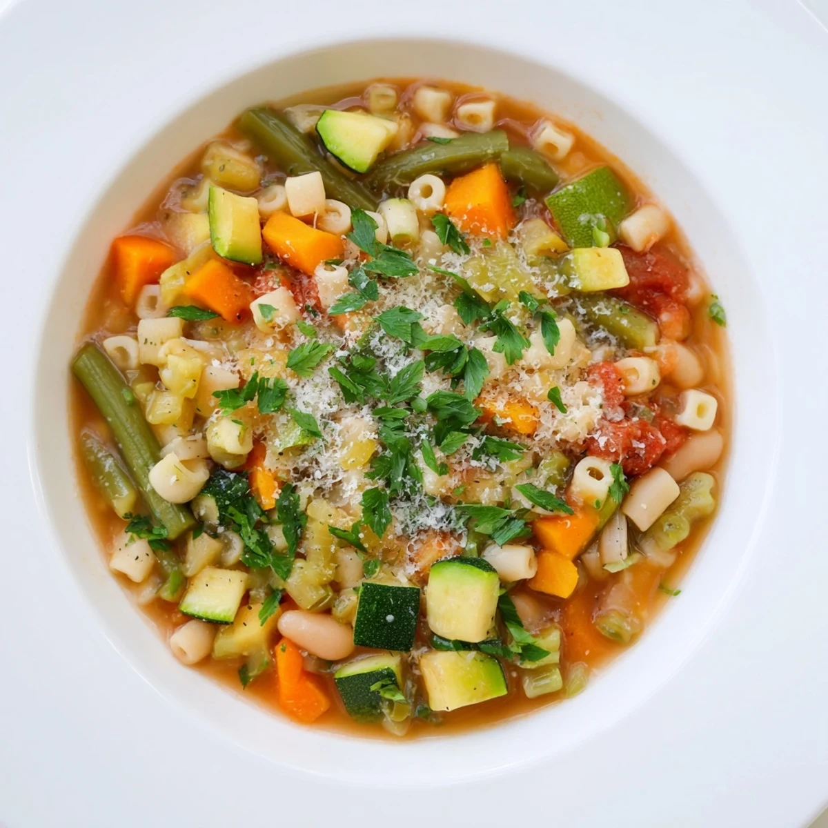 Steaming bowl of Simple One-Pot Minestrone Soup, ready to serve with Parmesan cheese and parsley.