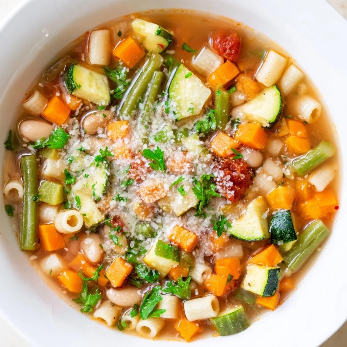Looking at a delicious homemade Simple One-Pot Minestrone Soup, a cozy Italian vegetarian soup.