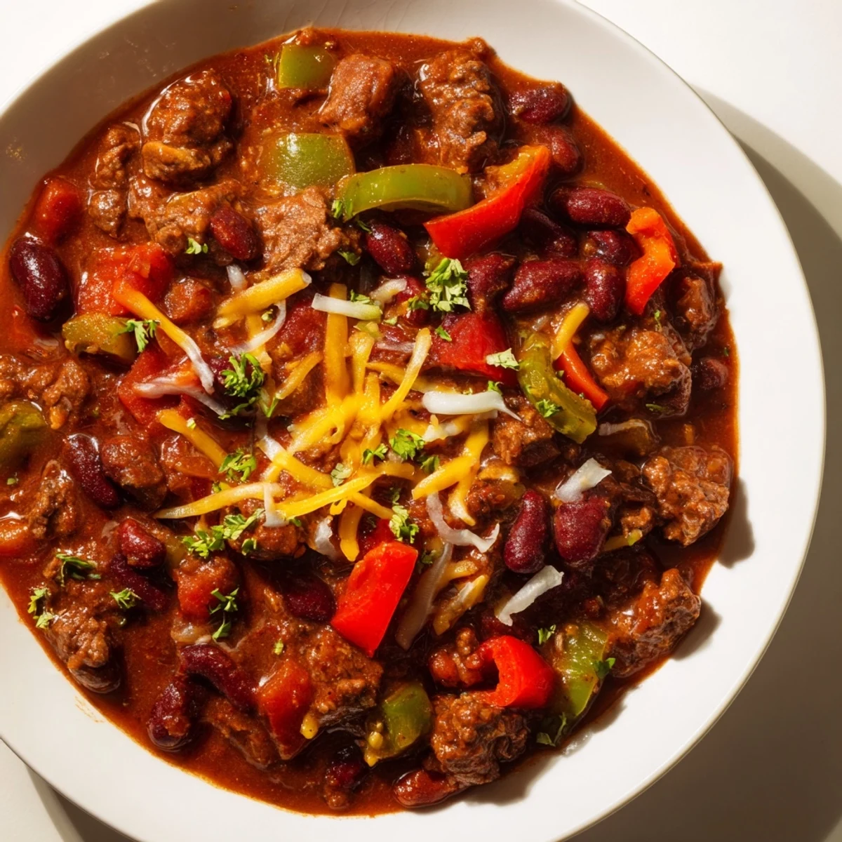 Winter Warming Chili con Carne, a steaming bowl of chunky beef stew, is ready to eat.