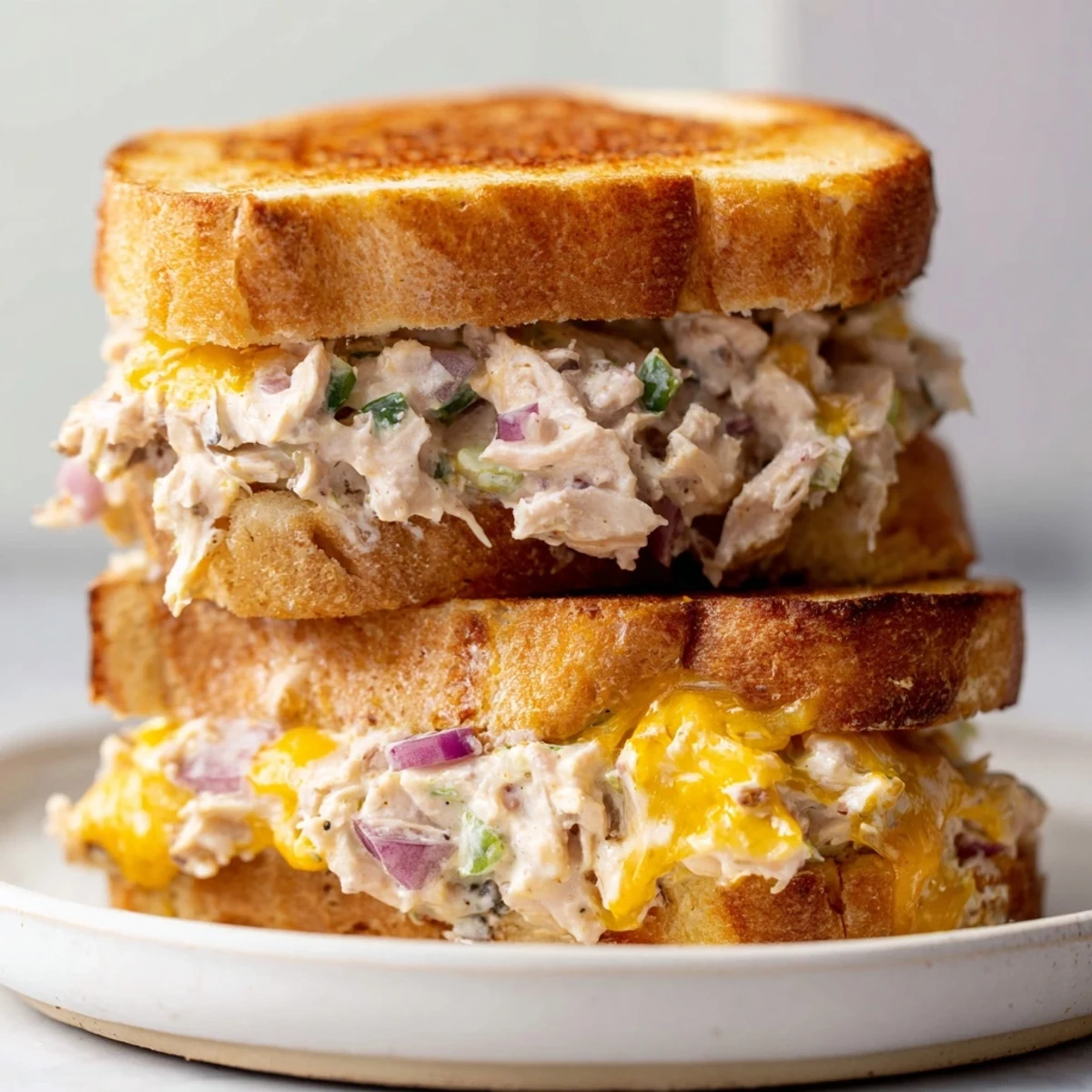 Golden, melty cheddar cheese oozes from a delicious Classic Tuna Melt Sandwich, ready to eat!