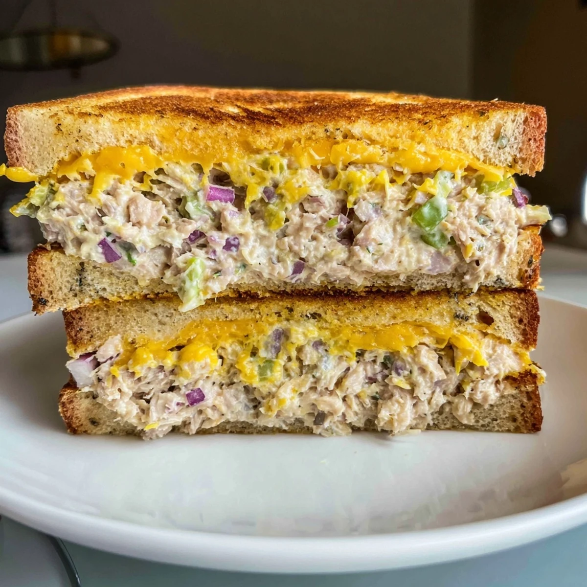 A close-up of a perfectly toasted Classic Tuna Melt Sandwich, filled with creamy tuna salad.