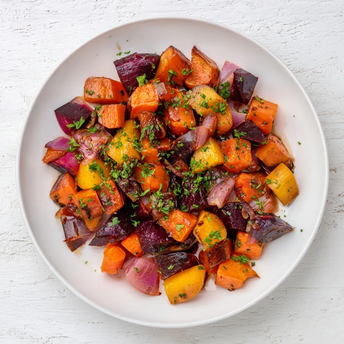 Golden brown Roasted Root Vegetable Medley glistening with balsamic glaze, a delicious vegetarian side.