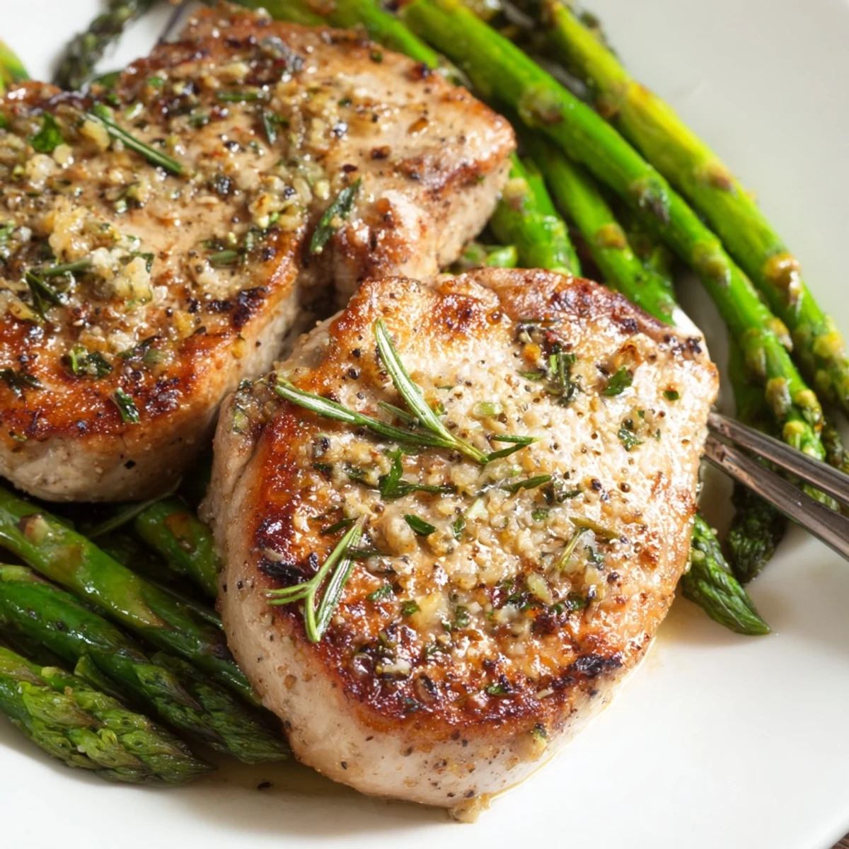 Vibrant One-Pan Lemon Herb Pork Chops, with fresh herbs and citrus, cooked with asparagus for a healthy dinner.
