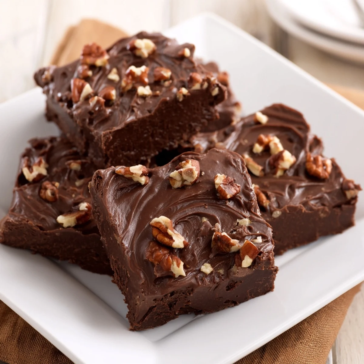 Creamy, homemade easy chocolate fudge, perfectly smooth and glistening, ready for slicing and enjoying.