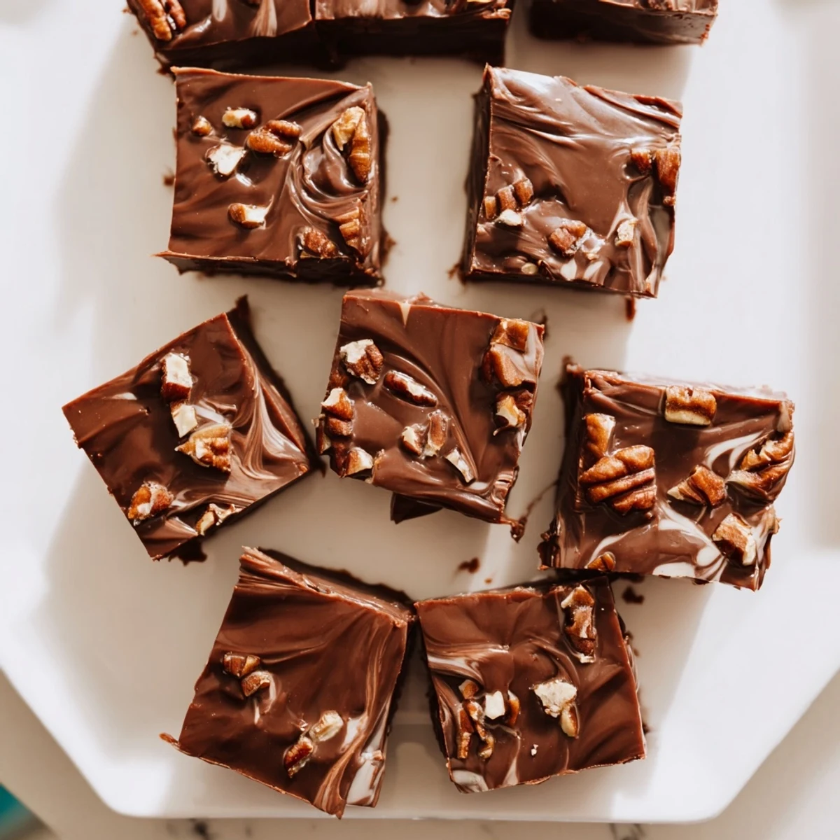 Square pieces of easy chocolate fudge, a perfect dessert, ready to be shared with friends and family.