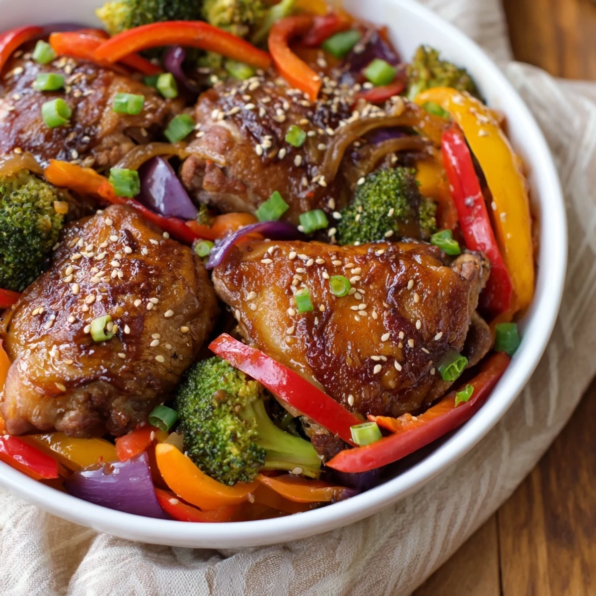 Sheet Pan Chicken Stir-Fry with tender chicken, colorful vegetables glistening with savory sauce.