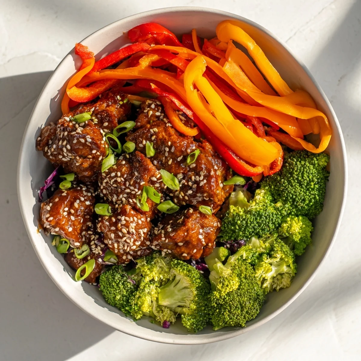 A close-up of a delightful Sheet Pan Chicken Stir-Fry, with sesame seeds scattered across.