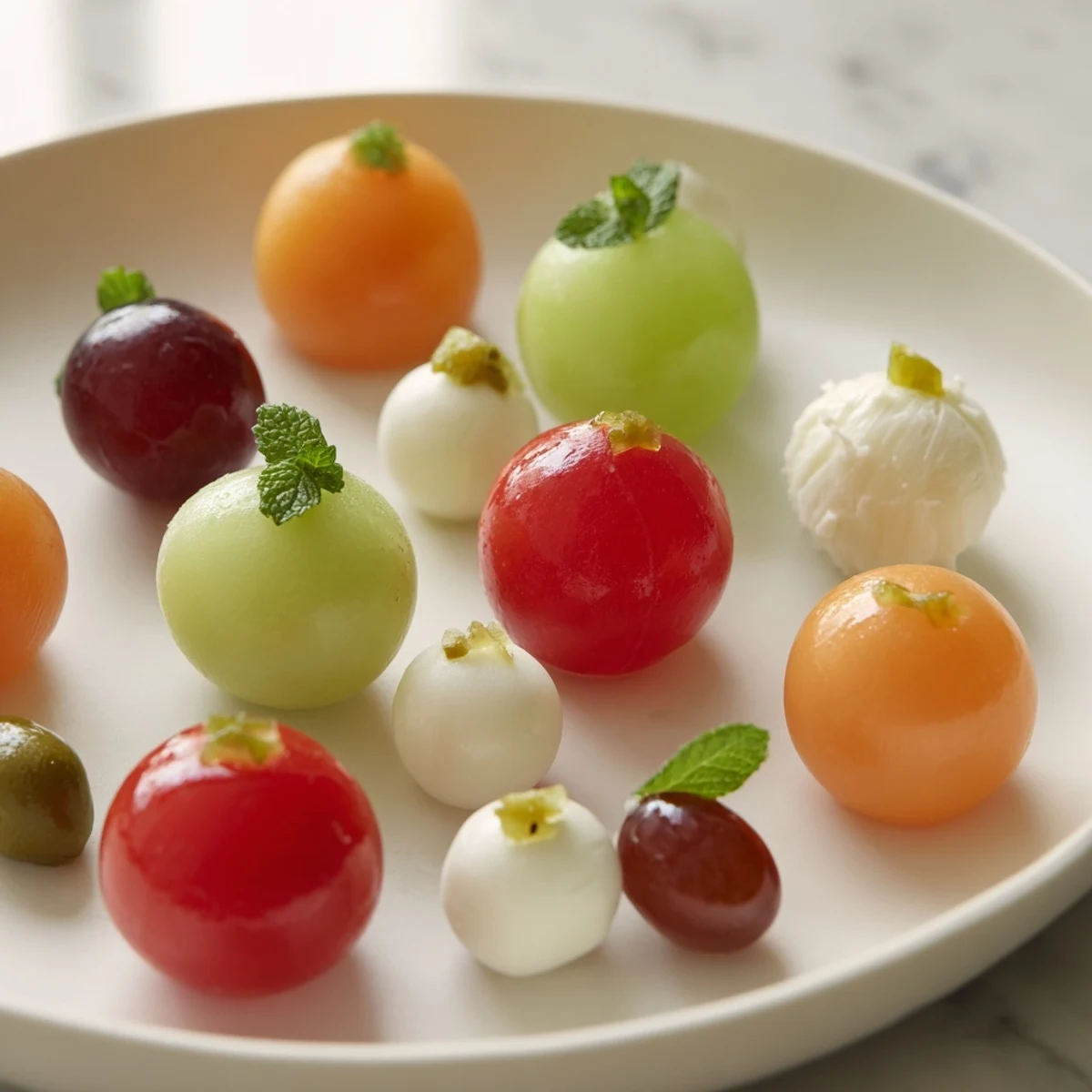 A colorful The Polka Dot Platter appetizer, featuring melon balls, grapes, and mozzarella spheres.