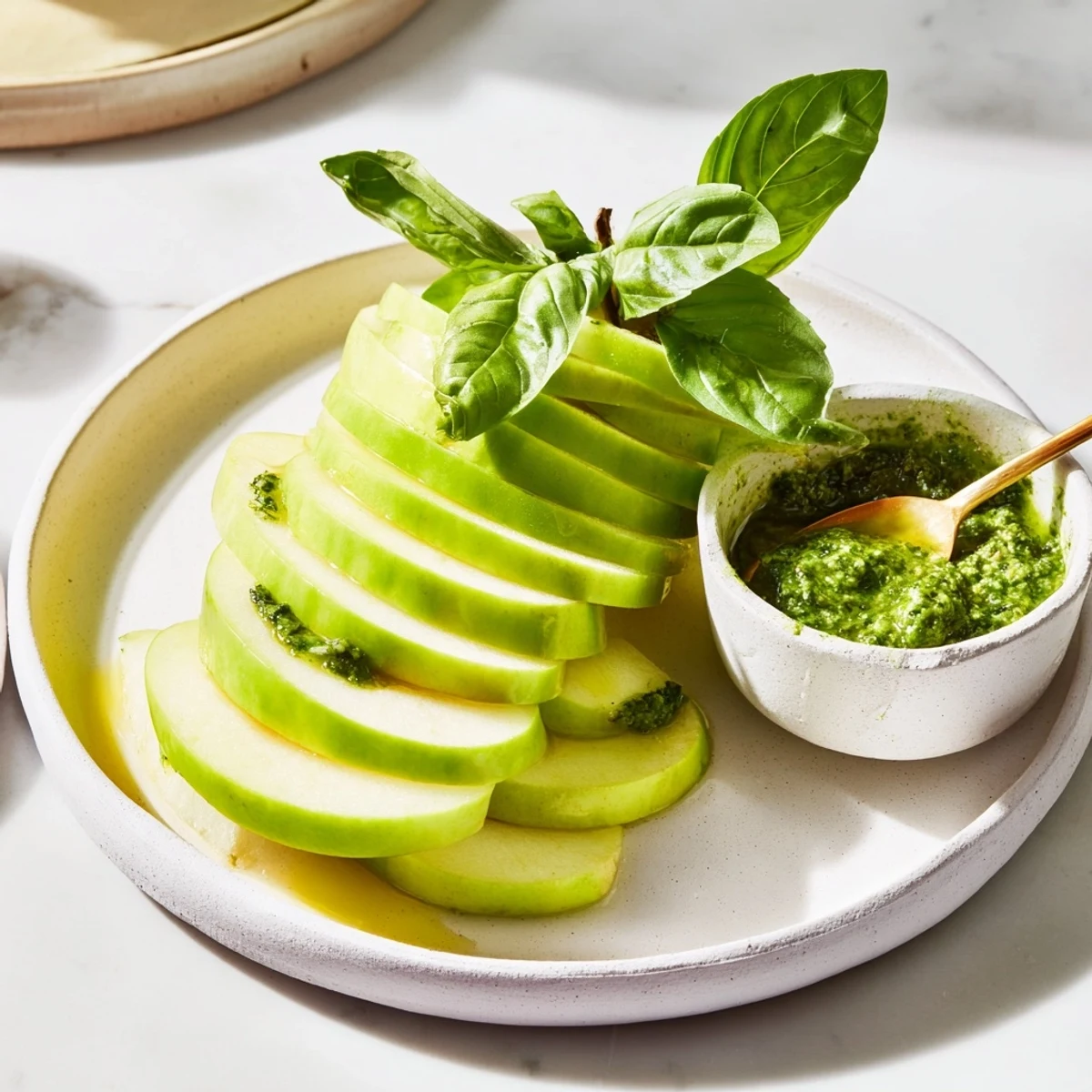 A beautiful Emerald City snack board: bright green apples, olives, and pesto awaiting enjoyment.