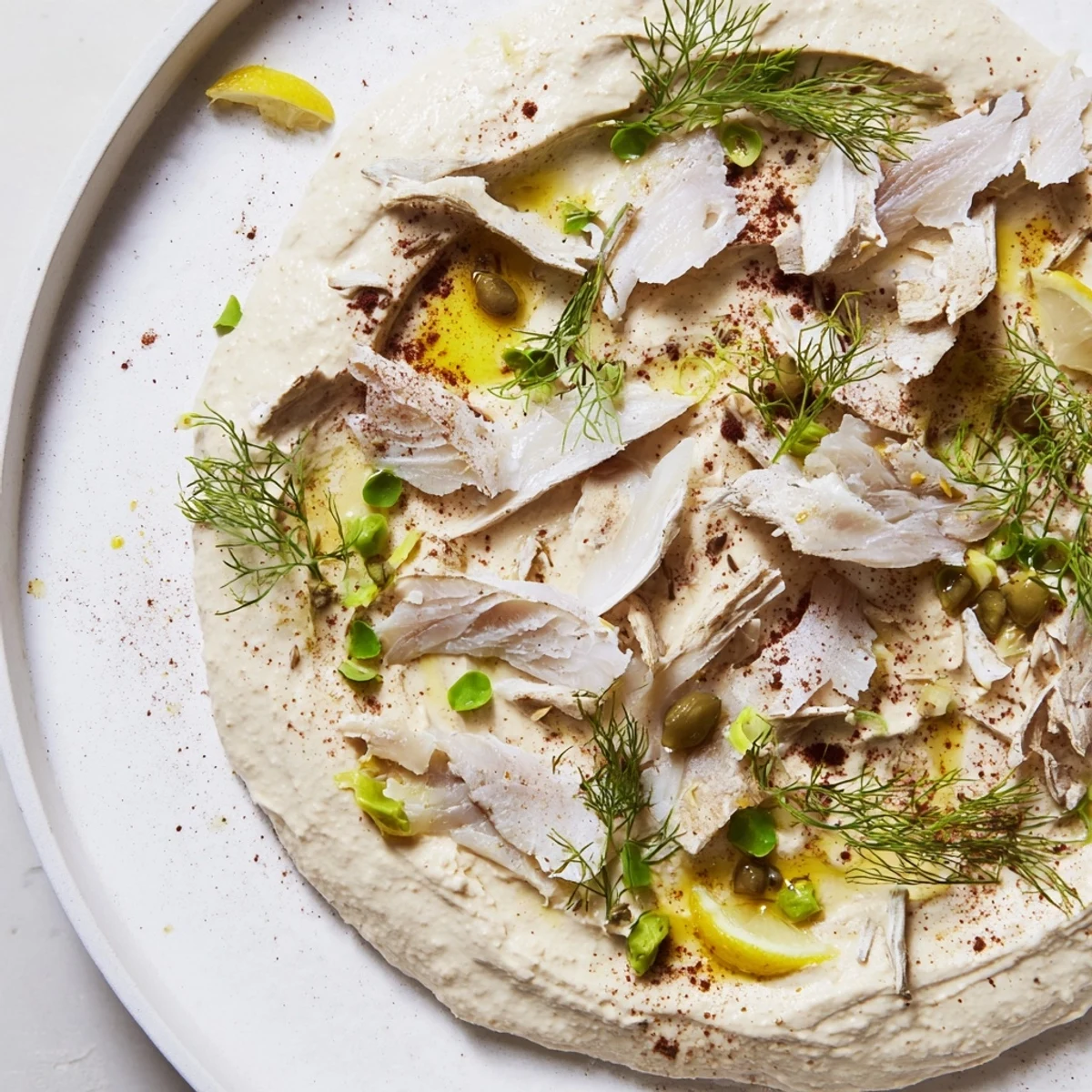 Golden crackers resembling driftwood hold smoked fish and creamy hummus in The Driftwood Beach appetizer.