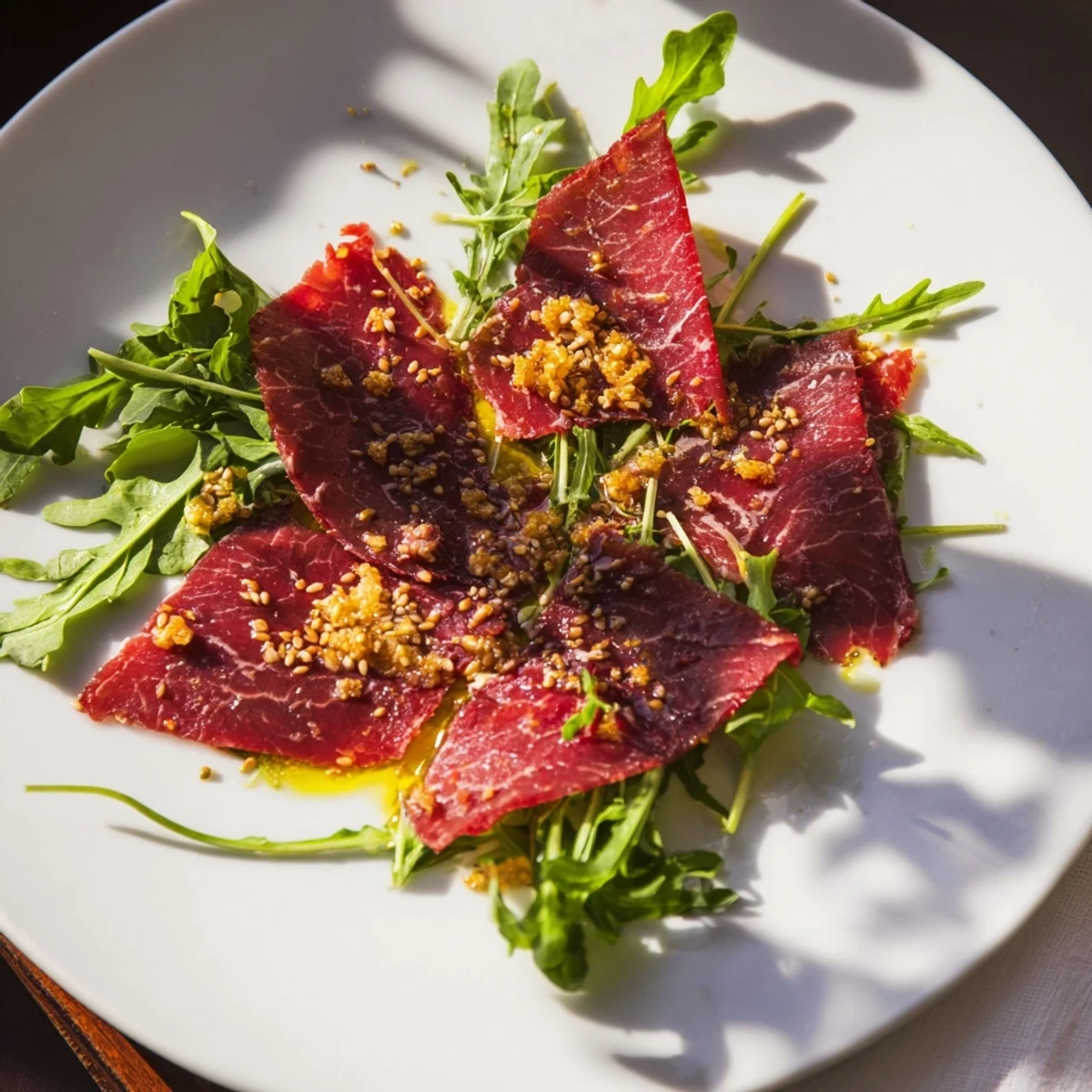 Marinated Origami Fold Beef Appetizer, arranged artfully on a platter with arugula and Parmesan.