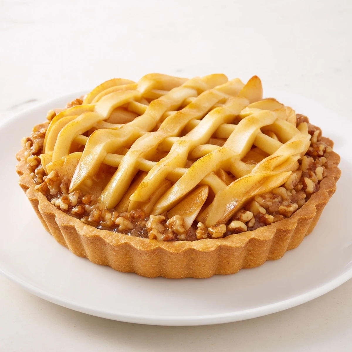 Golden brown The Lattice Orchard dessert with a beautiful apple latticework, ready to serve.