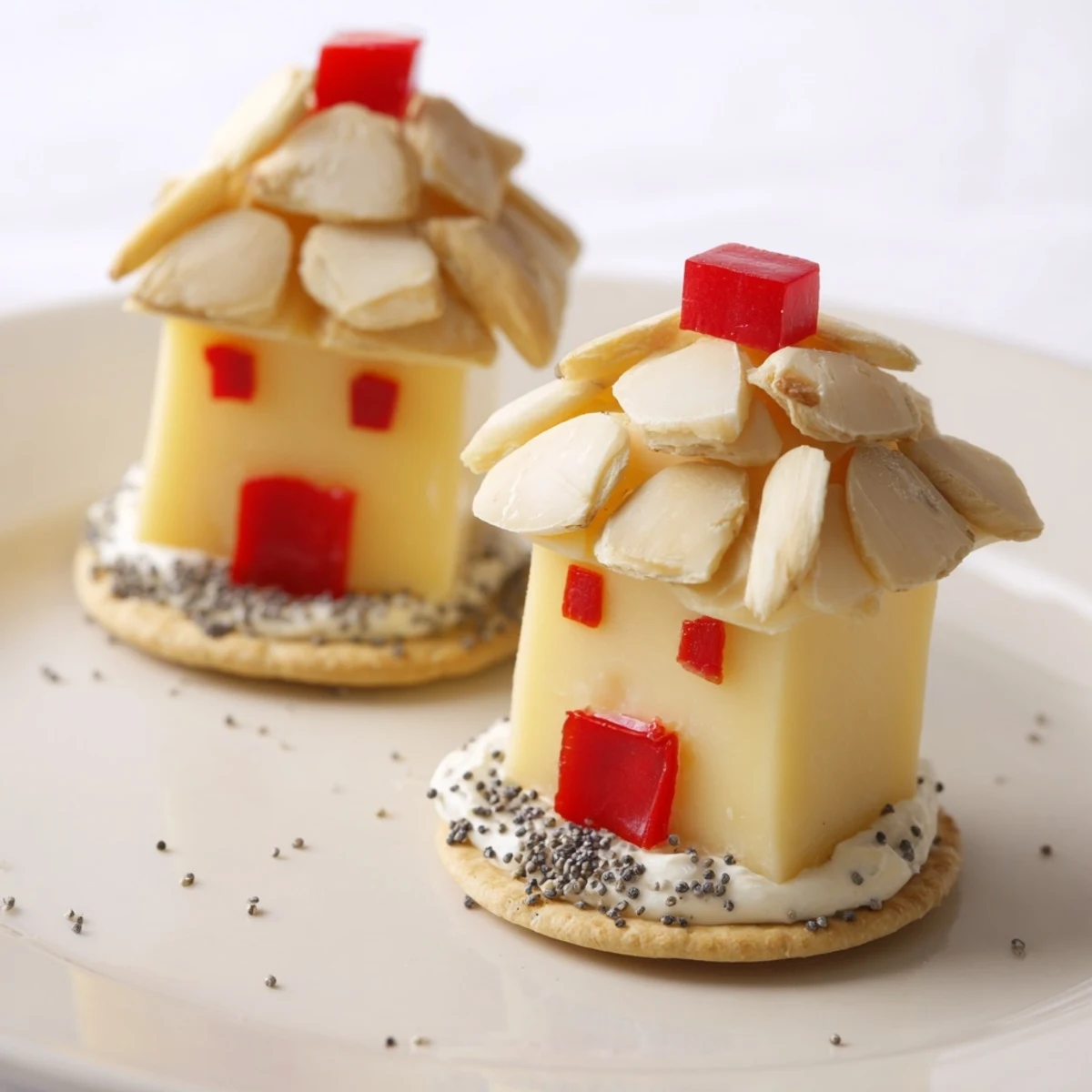 Adorable Alpine Village appetizer with cheese houses and almond roofs on a cracker snowscape, ready to serve.