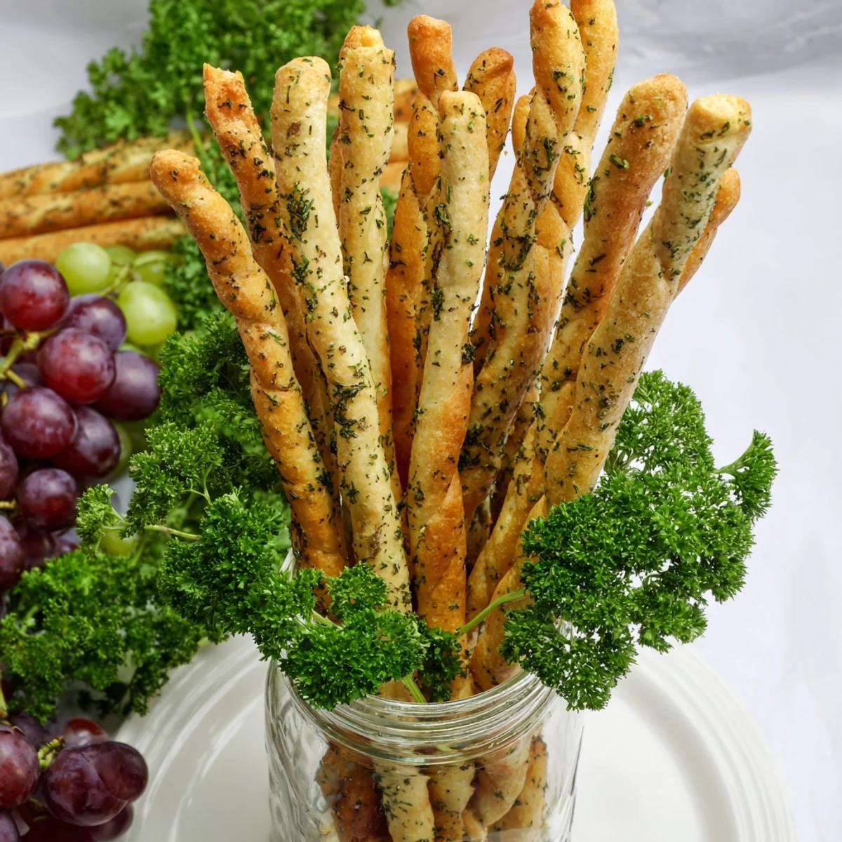 Fresh grissini breadsticks stand tall in "The Vertical Forest" appetizer, with vibrant parsley bushes.