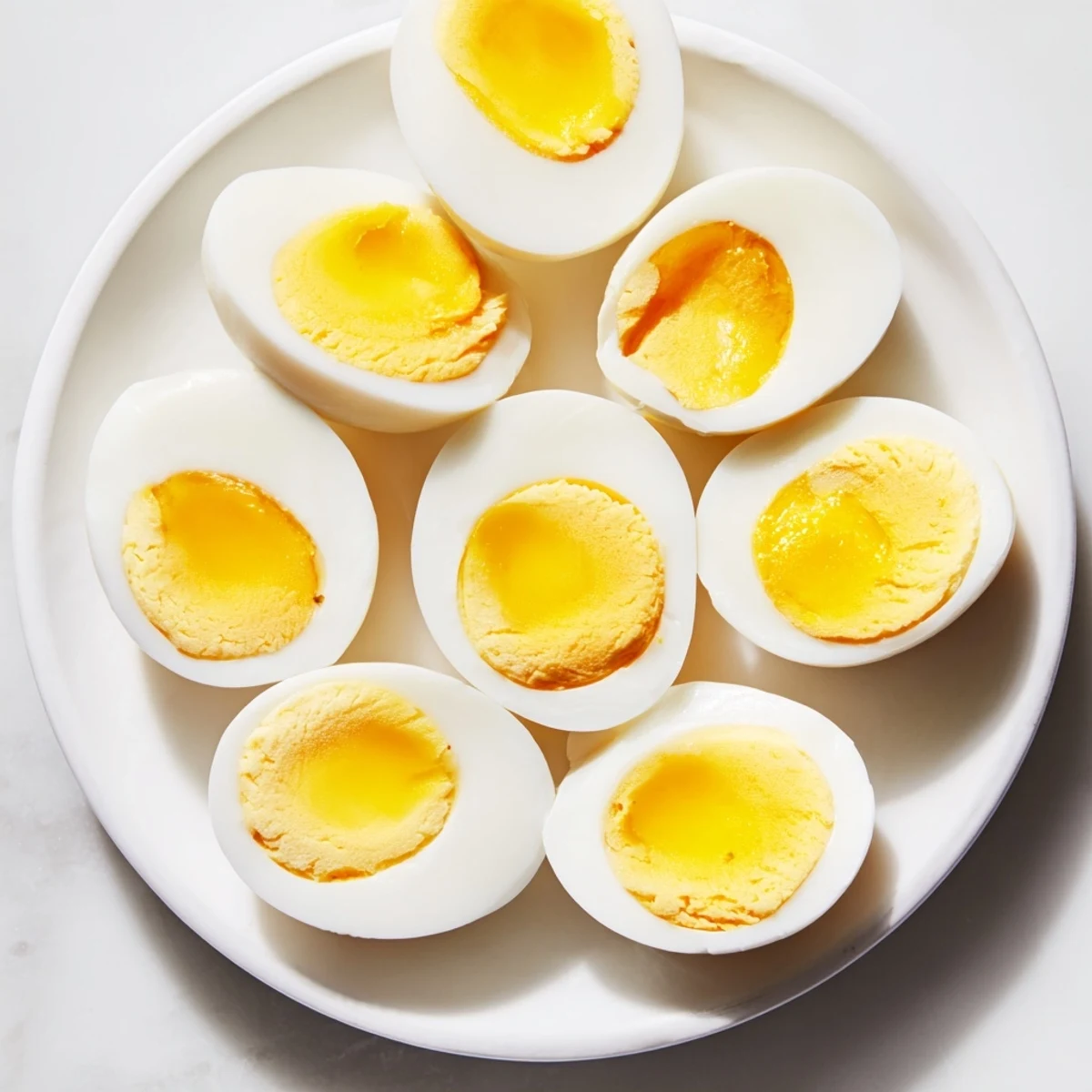 Perfect hard-boiled eggs with bright yellow yolks, ready to be enjoyed as a protein-packed snack.