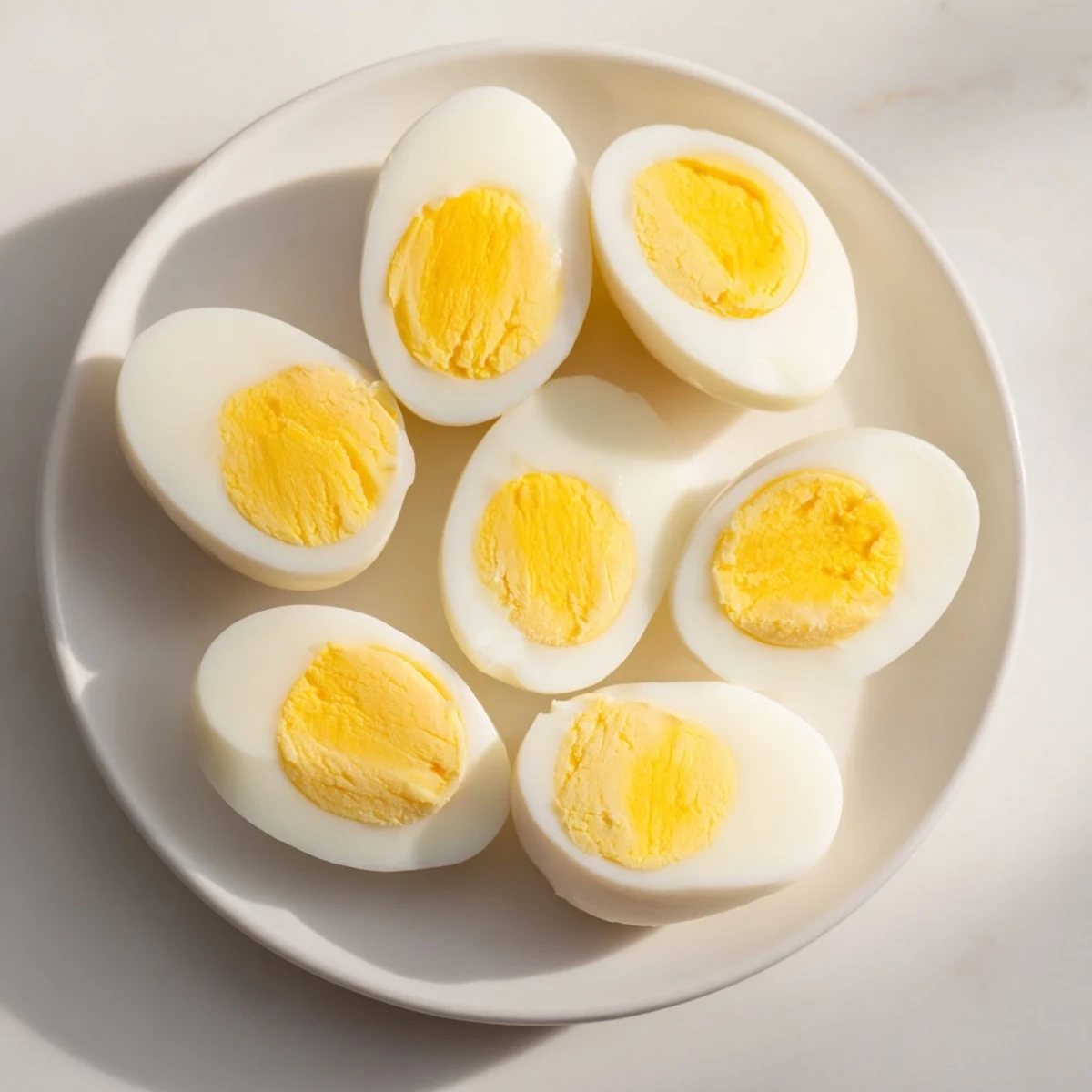 Freshly made perfect hard-boiled eggs, peeled and ready to enjoy with a sprinkle of salt and pepper.
