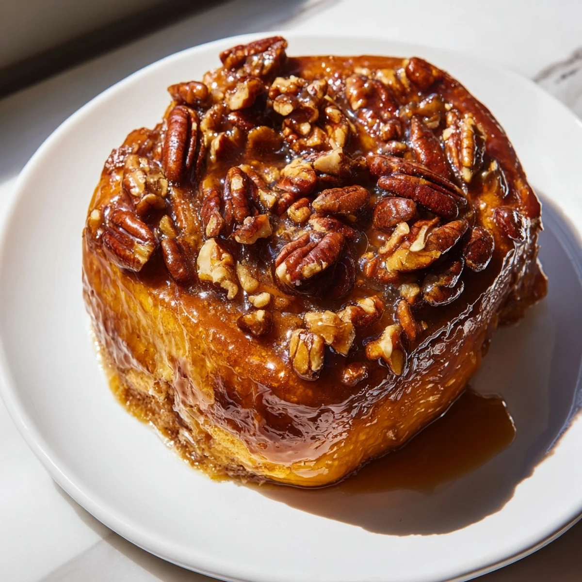 Warm, golden pecan and honey sticky buns, fresh from the oven, ready for serving with coffee.