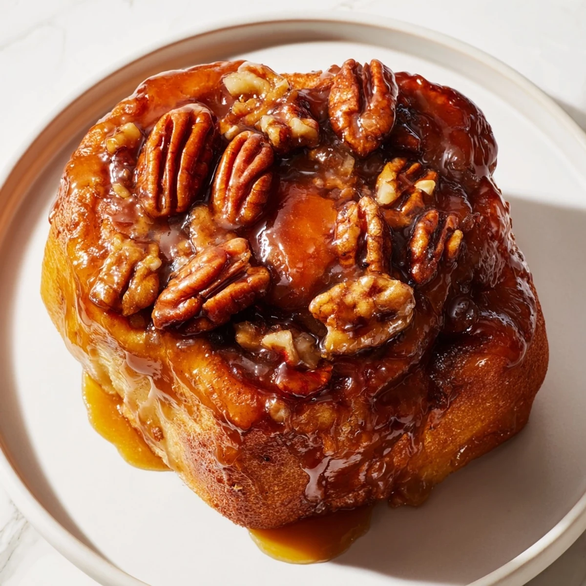 Delicious close-up of gooey pecan and honey sticky buns generously coated in caramel sauce.