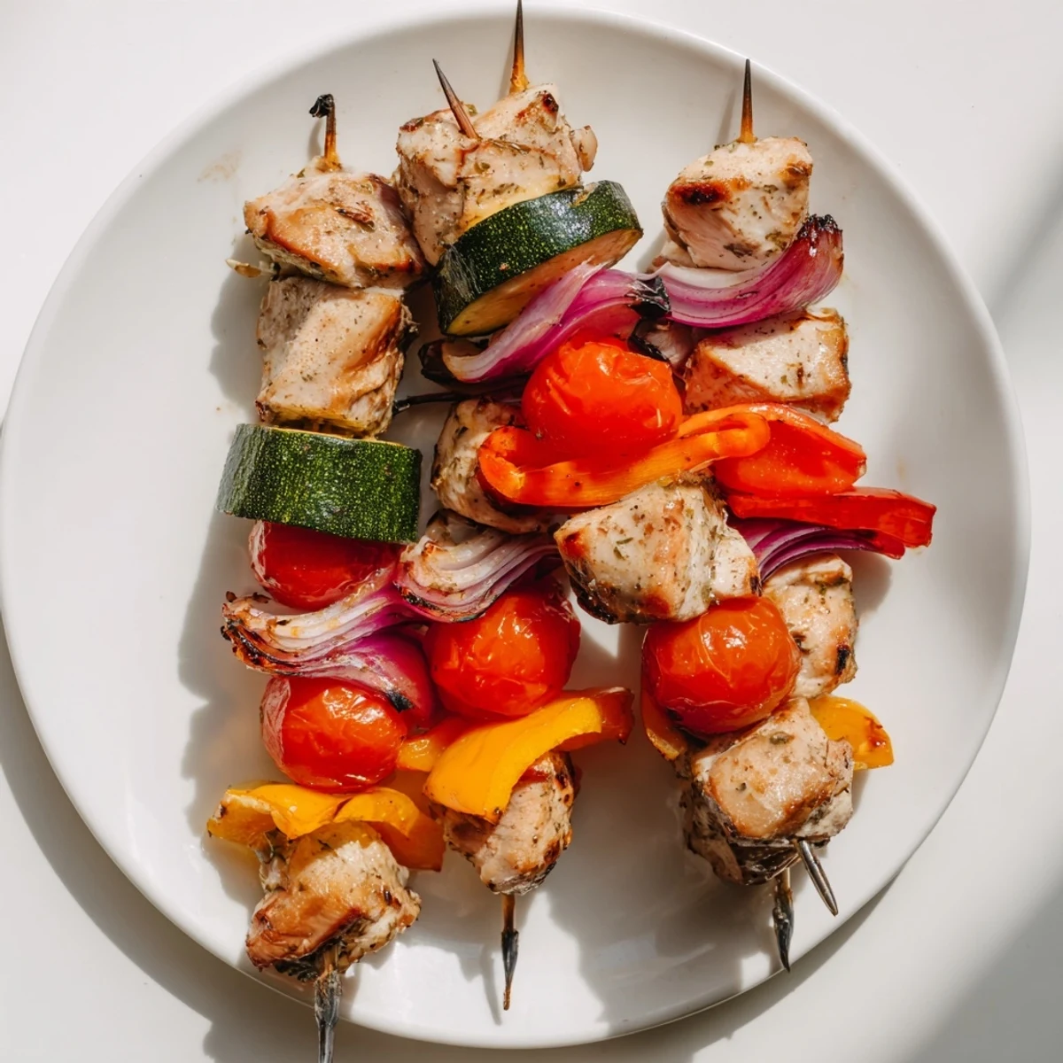 Freshly grilled Chicken and Veggie Skewers, a close-up of skewered chicken and colorful vegetables, offering a healthy and flavorful meal.