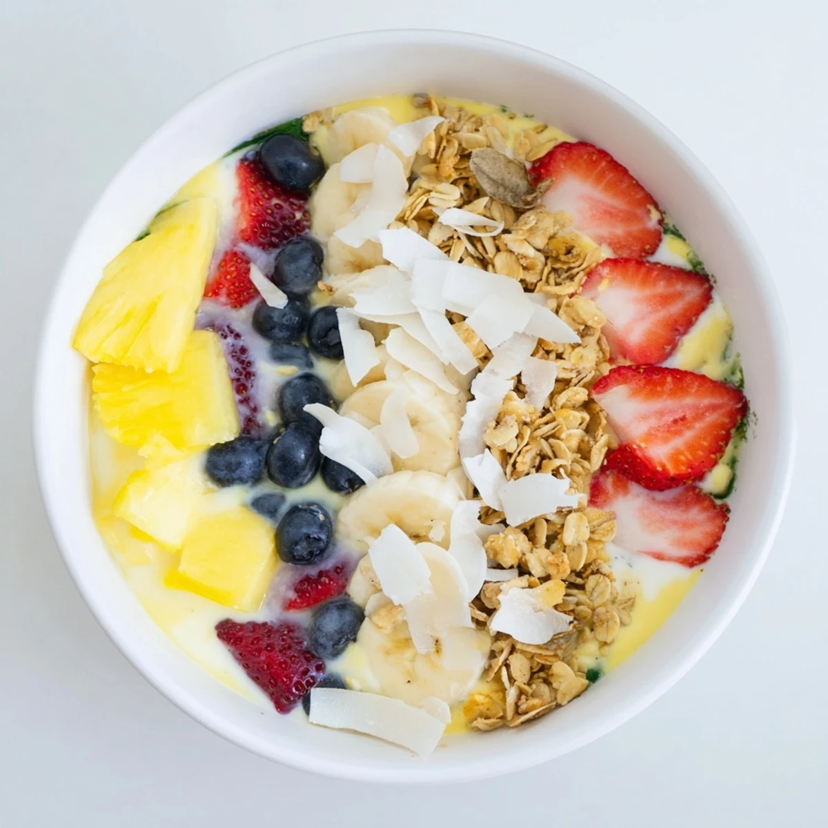 Creamy, blended Breakfast Smoothie Packs with a swirl of fresh berries and crunchy granola to enjoy.