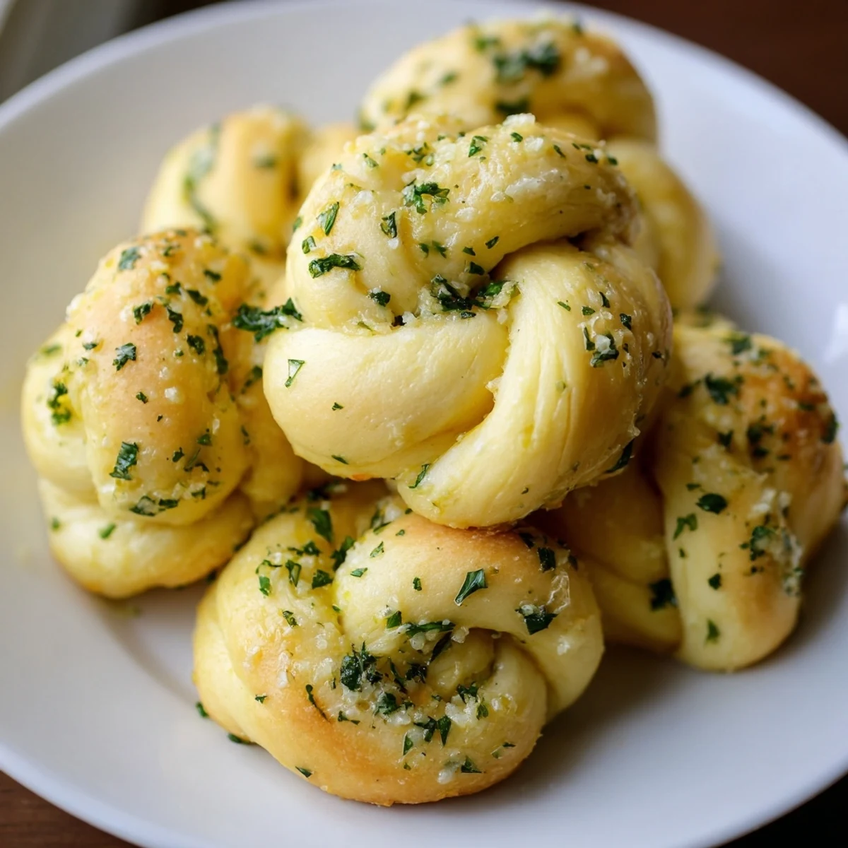 Golden-brown homemade garlic knots, brushed with melted, herbed butter and ready to eat.