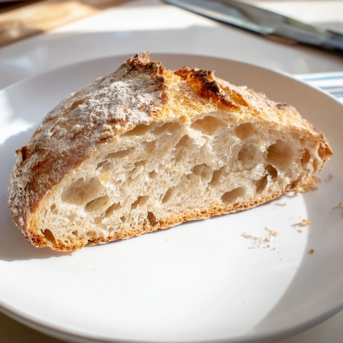 This artisan The Best Easy No-Knead Bread presents a beautiful, rustic appearance with a perfect crumb.