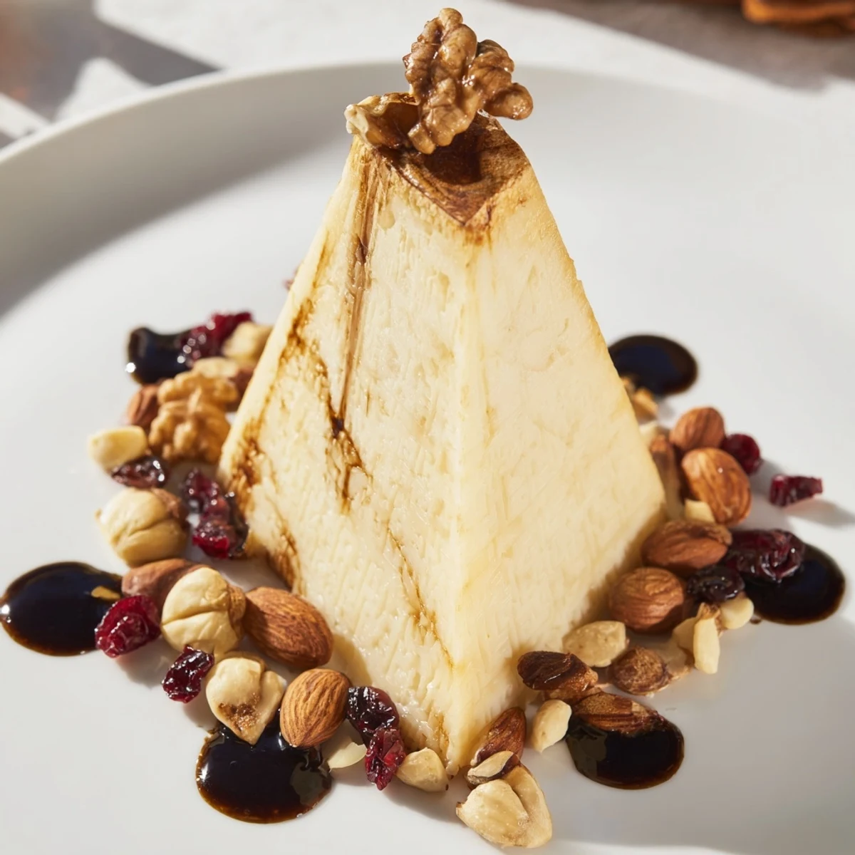 Artistic sundial cheese platter featuring aged hard cheese, balsamic, and varied nut clusters for a treat.