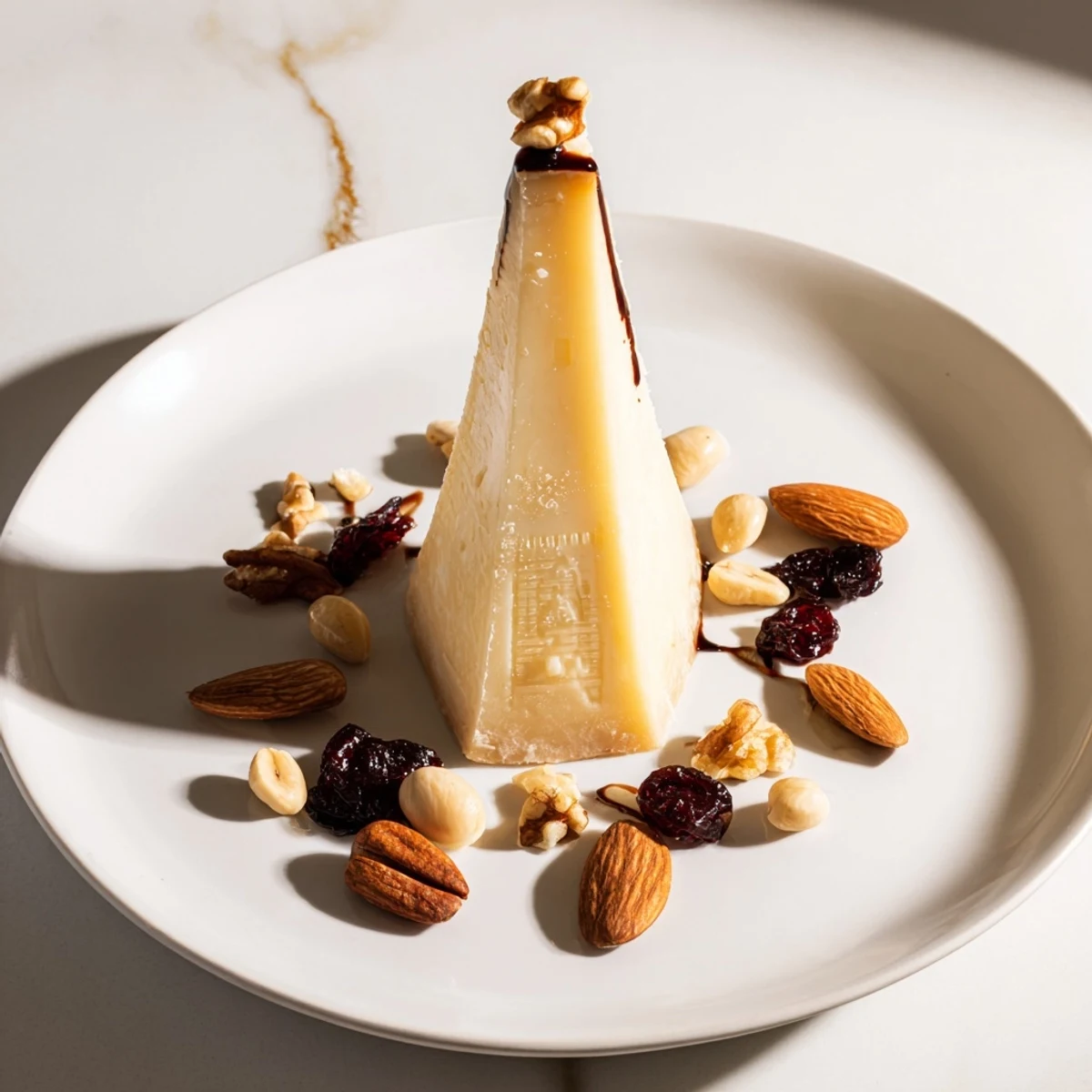 Elegant Sundial cheeseboard, featuring a balsamic "shadow" and assorted nuts ready for serving guests.