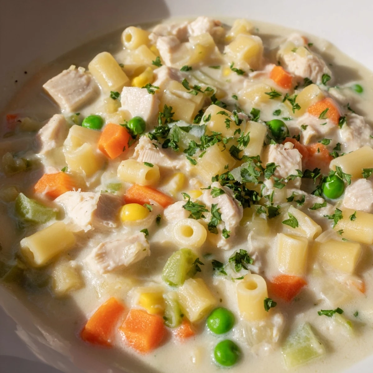 Creamy Chicken Pot Pie Pasta Soup, a hearty American meal with tender chicken and vegetables.