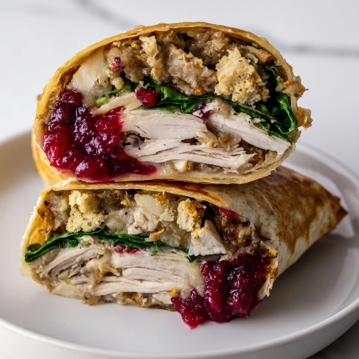 Golden brown Moist Maker Chicken Wrap, with visible layers of chicken, stuffing, and cranberry sauce inside the toasted tortilla.
