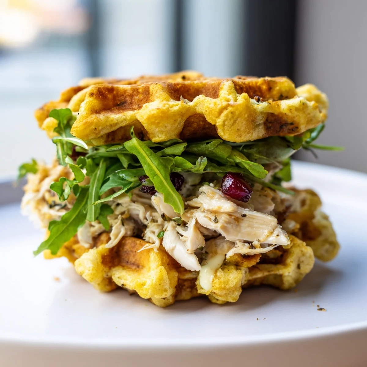 Crispy stuffing waffle sliders, filled with chicken and cranberry mayo, ready to eat.
