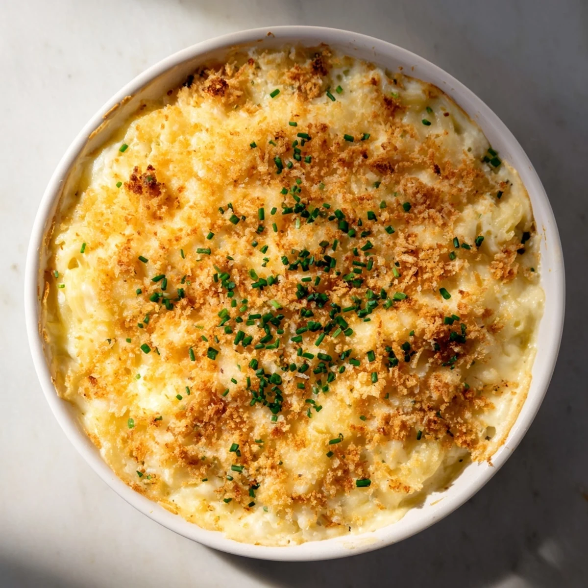 Golden-brown cottage cheese mac and cheese with toasted breadcrumbs, a comforting American classic.