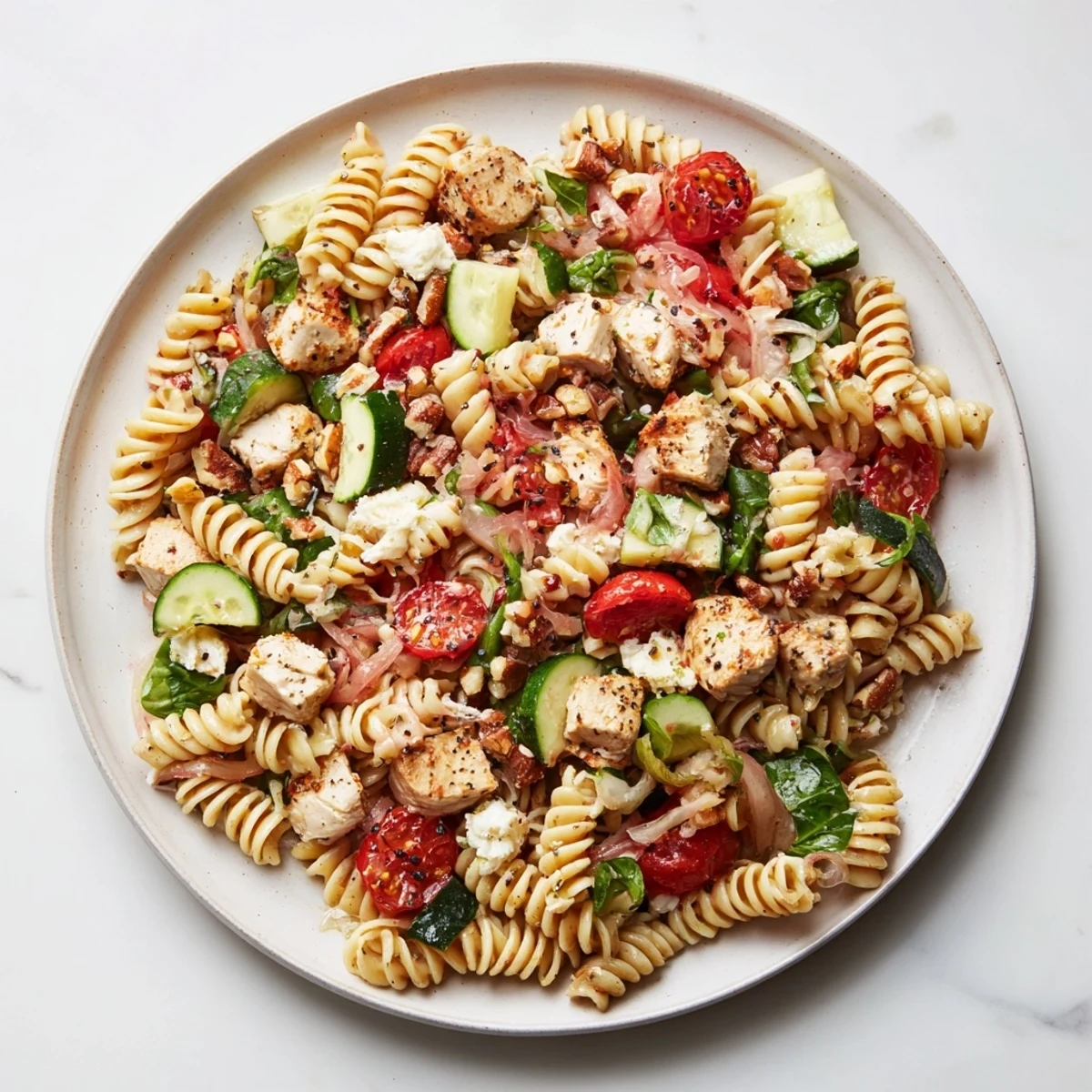 Bright pasta salad with cranberry vinaigrette, featuring colorful veggies and juicy chicken.