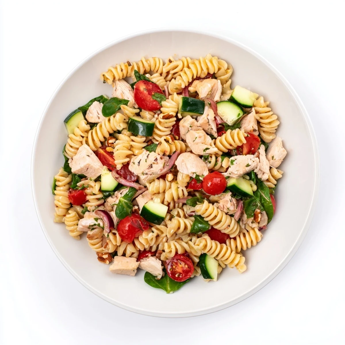 A close-up of a refreshing pasta salad with cranberry vinaigrette, ready to eat.
