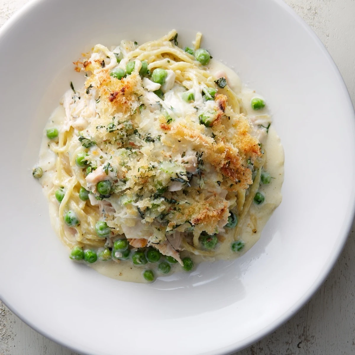 Golden, bubbly Turkey or Chicken Tetrazzini bake, a creamy pasta dish with parmesan topping.