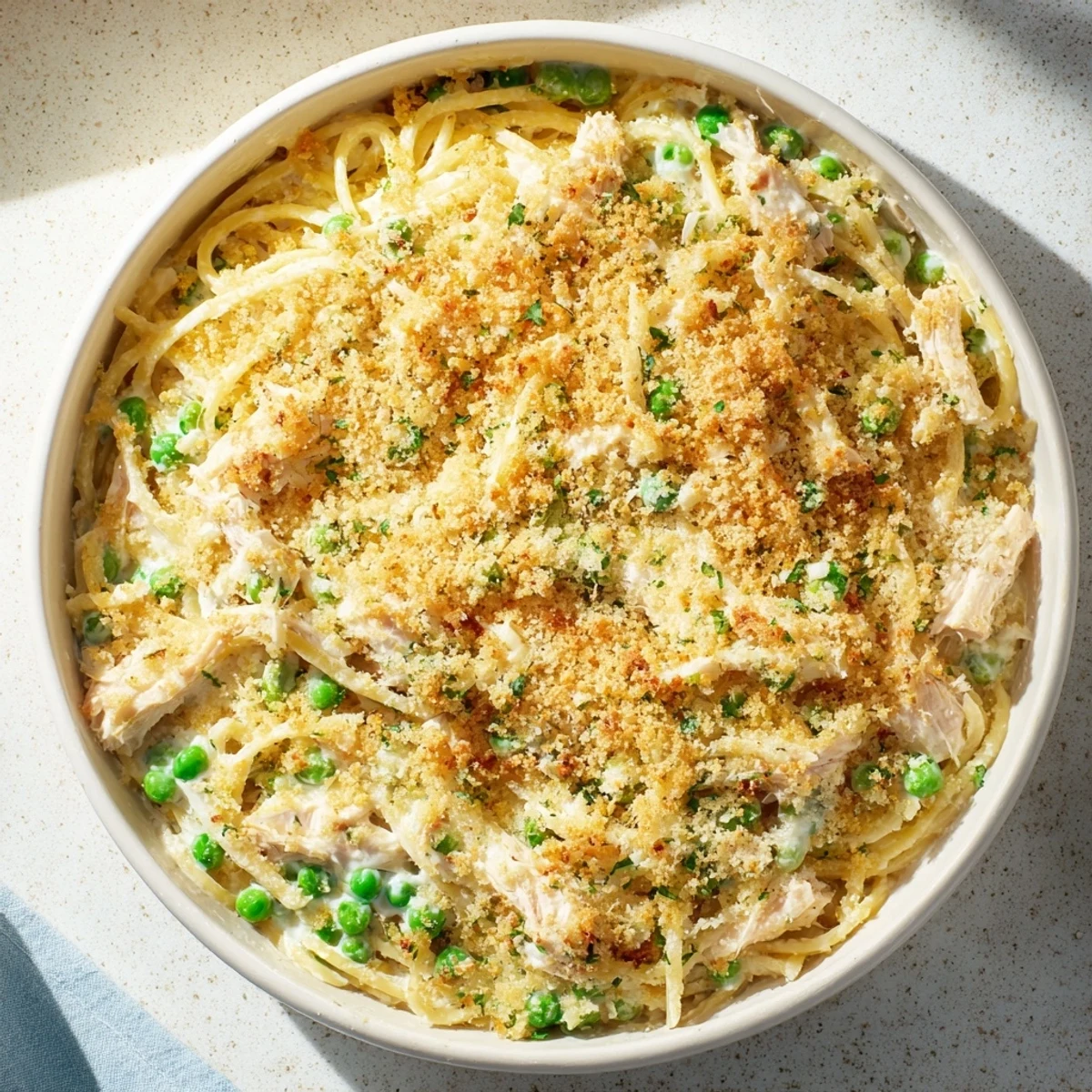 A close-up of a bubbling Turkey or Chicken Tetrazzini bake, ready to be served from the pan.