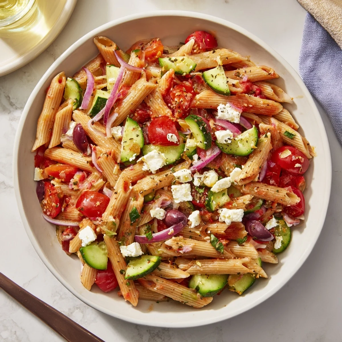 Vibrant Mediterranean pasta salad with chickpeas, feta crumbles, and fresh vegetables for a bright lunch.