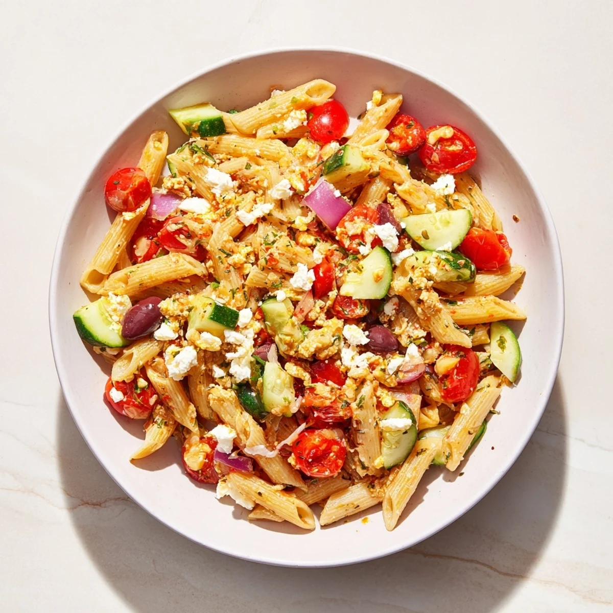A chilled bowl of Mediterranean pasta salad with chickpeas, tossed in a zesty olive oil dressing.