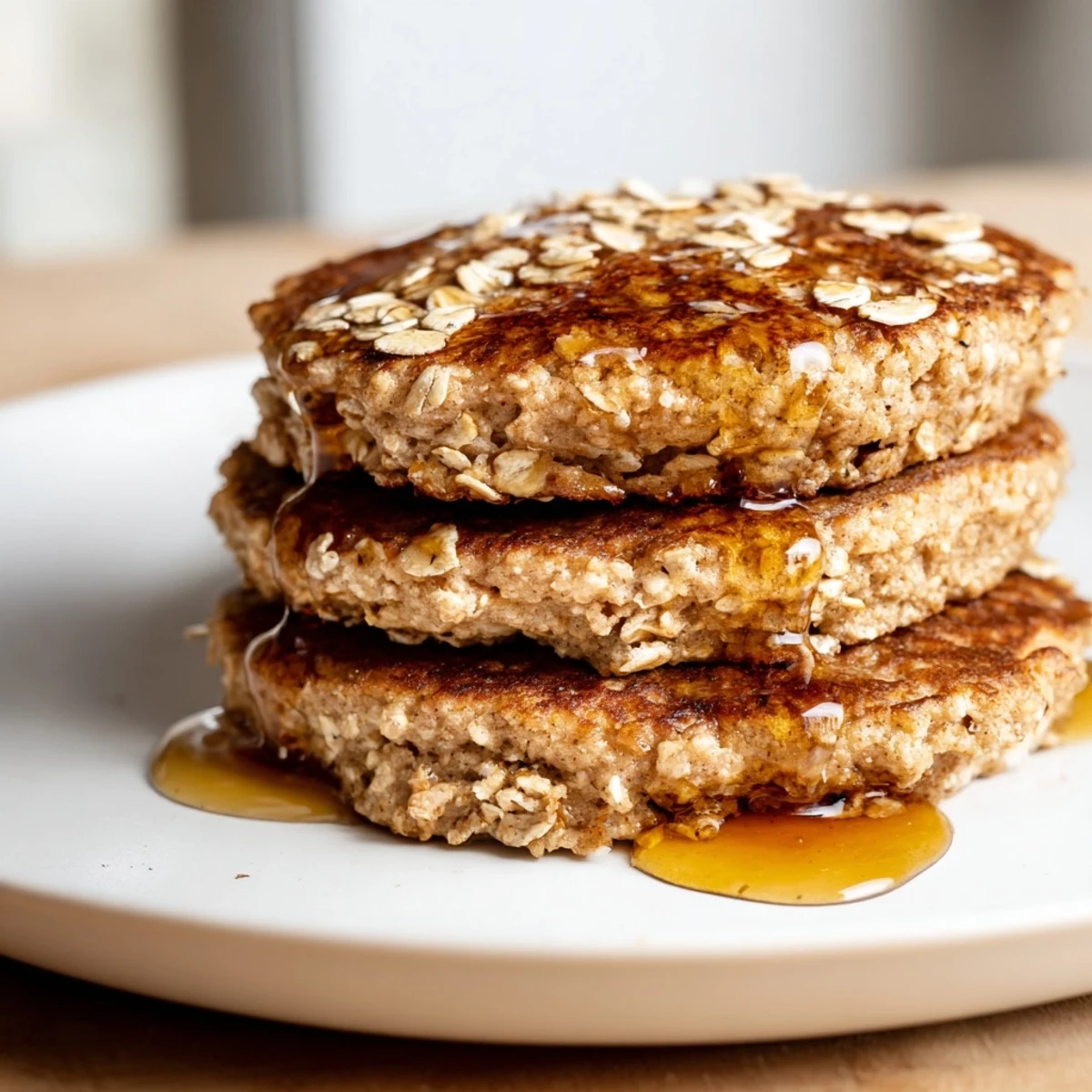 Close-up of freshly cooked banana oat pancakes, showcasing a wonderfully soft, moist texture.