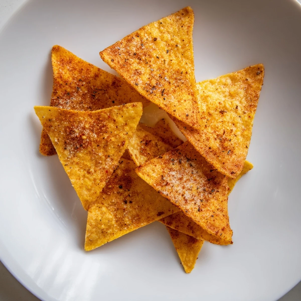 Golden brown homemade air-fryer tortilla chips, ready to crunch, ideal with a flavorful dip.