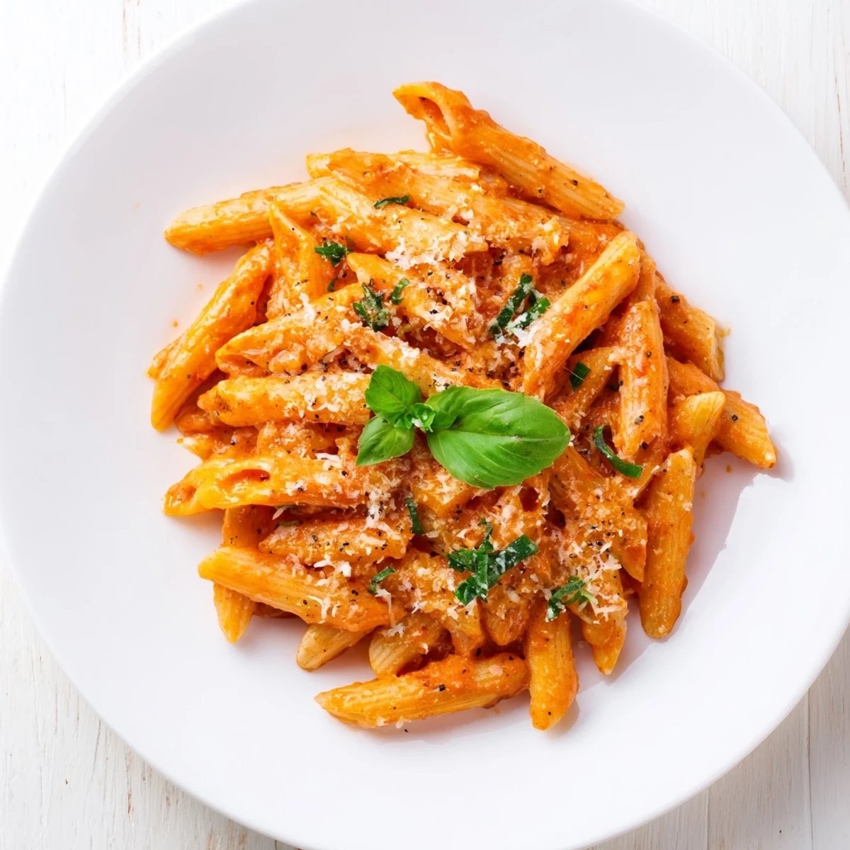 Creamy Basil Garlic One-Pot Tomato Pasta, bubbling with a thick tomato sauce and served hot.