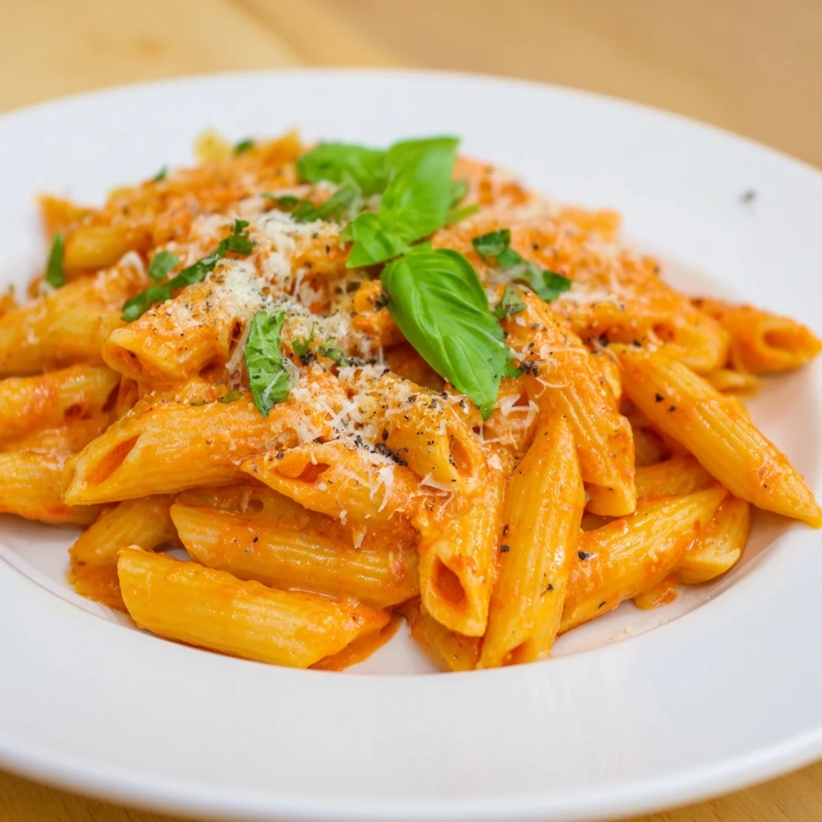 A one-pot Basil Garlic Tomato Pasta, showcasing the creamy sauce and fresh basil garnishing.