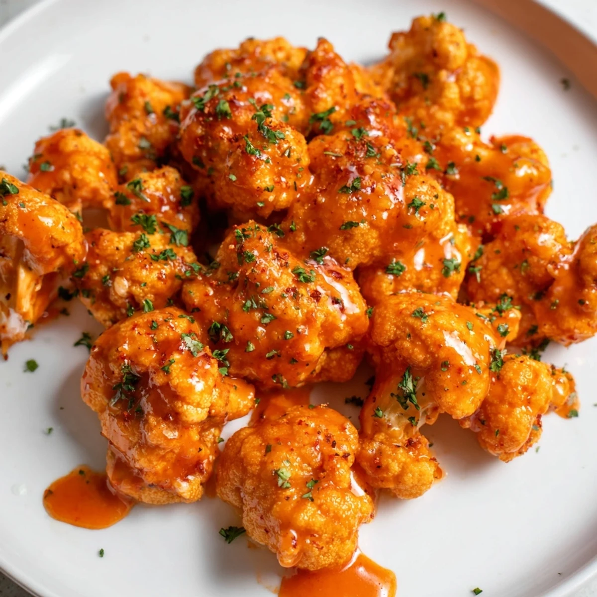 Fiery-red Sriracha-Buffalo Cauliflower Bites, crispy and glazed, ready for a delicious vegan snack.