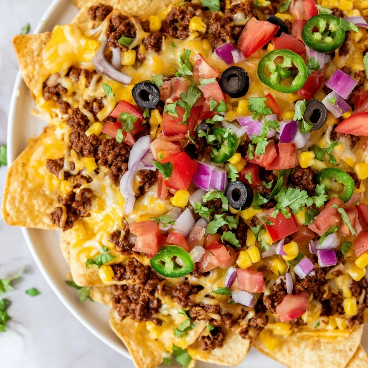 Golden, bubbly Easy Sheet-Pan Nachos with melted cheese, savory beef, and vibrant, fresh toppings.